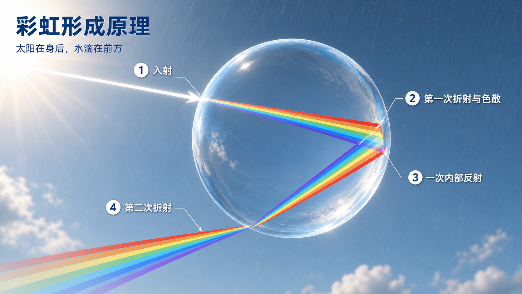 单个水滴中的入射、色散、一次内部反射和第二次折射